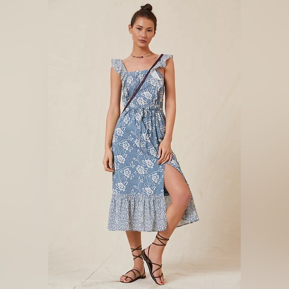 Paige Poppy floral Flutter-Sleeve Midi Dress in blue size small cotton feminine
